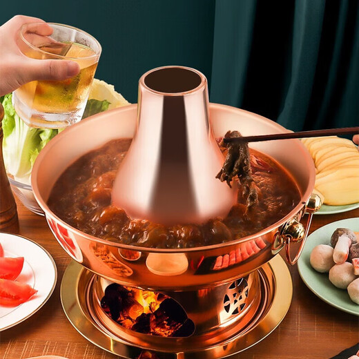 Baijie old Beijing copper hot pot for meat shabu-shabu thick copper thickened handmade charcoal copper pot old-fashioned stove clear soup pot mandarin duck hot pot extra thick copper clear soup pot 32cm