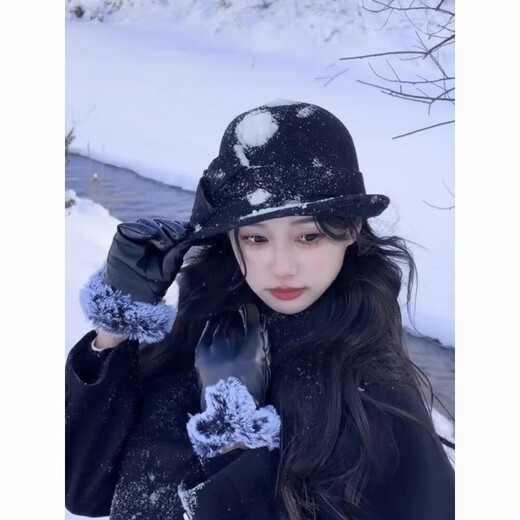 Blooming British Retro Hat Hat Black French Style Elegant Autumn and Winter New Woolen Fisherman Hat Fashion Basin Hat (Big Bow) Side Roll Top Hat - Gray