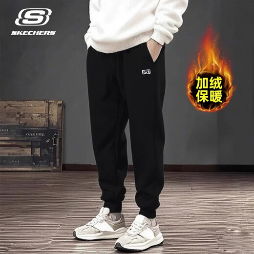 Skechers velvet sweatpants for men 2025 autumn and winter new loose warm trousers knitted leggings sweatpants casual trousers for men M154-0018 carbon black plus velvet L /175
