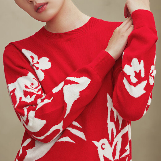 Ordos 1980 Autumn and Winter Pure Cashmere Round Neck ADF Intarsia Front Shoulder Red Women's Comfortable Cashmere Sweater Red Bottom Flower L 165/88A