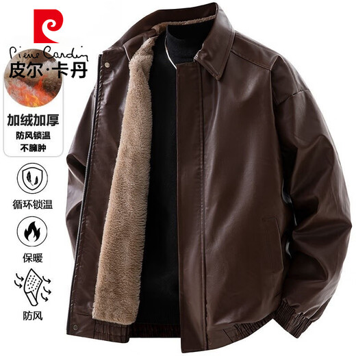 Pierre Cardin Jacket Men's Autumn and Winter Velvet Lapel Trendy Warm Casual Loose Leather Jacket Brown L
