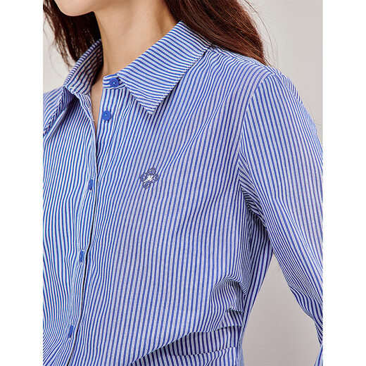 INMAN Striped Cotton Waist Slim Shirt 2026 Spring Women's New Design Slim Long Sleeve Shirt Dark Blue S