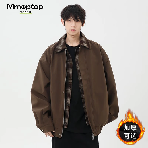 MMOPTOP American fake two-piece plaid spliced lapel jacket autumn and winter men's windproof jacket MJK22 coffee L