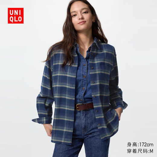Uniqlo women's flannel shirt/checkered plaid long-sleeved shirt 485263 68 dark blue M