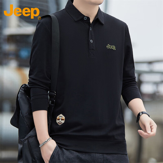 Jeep (JEEP) long-sleeved T-shirt men's autumn and winter polo loose casual bottoming shirt clothes men's black 2XL