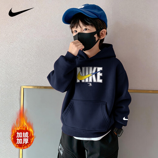 NIKE Nike Boys Hooded Sweatshirt with Velvet 2025 New Autumn and Winter Girls' Clothing Big Children's Thickened Top to Keep Warm in Winter Indigo 2233 Velvet and Thickened High Weight 160/L Recommended Height 152-158cm