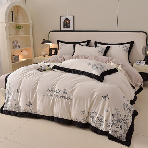 Dunlopillo Italian zsvip Class A baby velvet four-piece set autumn and winter suede thickened warm new bed sheet quilt cover sketch-bean paste red 1.8m bed sheet quilt cover plus four-piece set