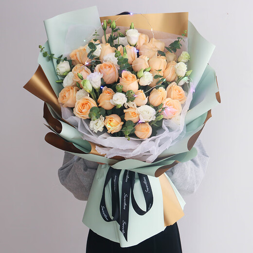 Lingxiang Flower Express Champagne Rose Bouquet Confessing Love to Girlfriend and Wife Birthday Gift Nationwide Delivery 33 Champagne Rose Bouquet Goddess Style