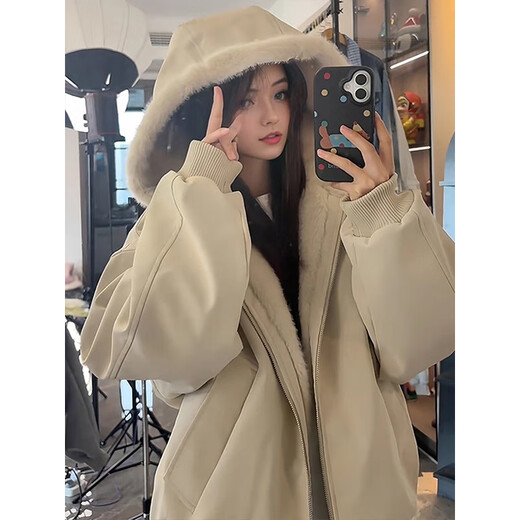 NYING plus velvet pu leather jacket men's winter new American fashion brand handsome hooded casual jacket thickened warm tops apricot XL (120-140Jin Jin equals 0.5 kg)