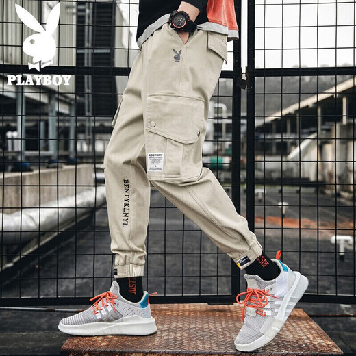 Playboy (PLAYBOY) overalls men's autumn and winter pants men's loose casual pants men's trendy leggings men's pants light khaki XL