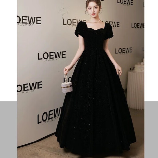 Black autumn and winter new evening dress light luxury niche high-end art exam adult ceremony host long French high-end large size black strap style L