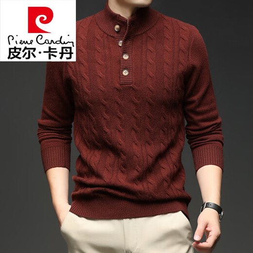 Pierre Cardin Henry Neck Cardigan Men's New Autumn and Winter Thickened Warm Inner Round Neck Sweater Knitted Bottoming Wool Fleece Warm Red Brown M 105