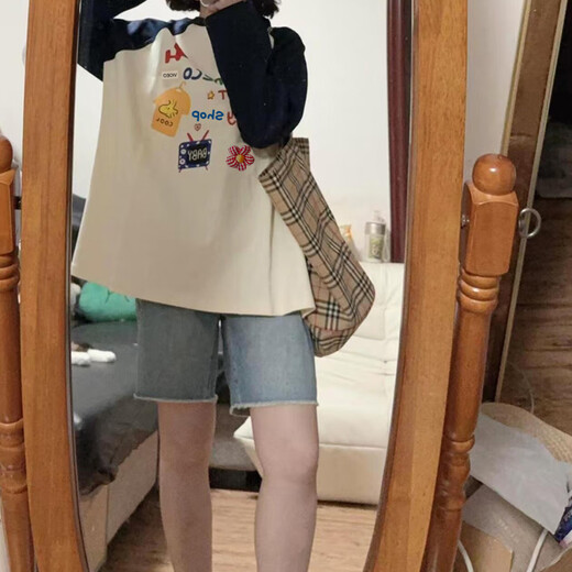 Xiyuer long-sleeved tops for women 2025 latest American retro trendy brand color-blocked long-sleeved T-shirts for women autumn 2025 new navy blue and apricot M