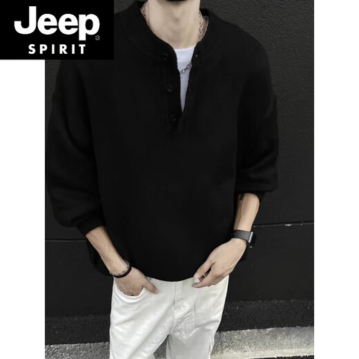 JEEP SPIRIT American Handsome Henley Collar Sweater Men's 2025 New Autumn and Winter Lazy Feeling Old Money Style Knitted Sweater Jacket Black M