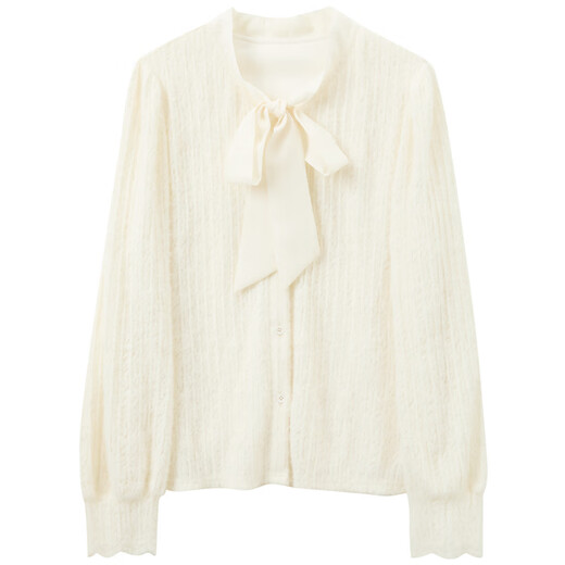 Sancai 2025 new winter style bow ribbon V-neck shirt loose lace shirt lantern sleeves stacked M off-white L 165/88A