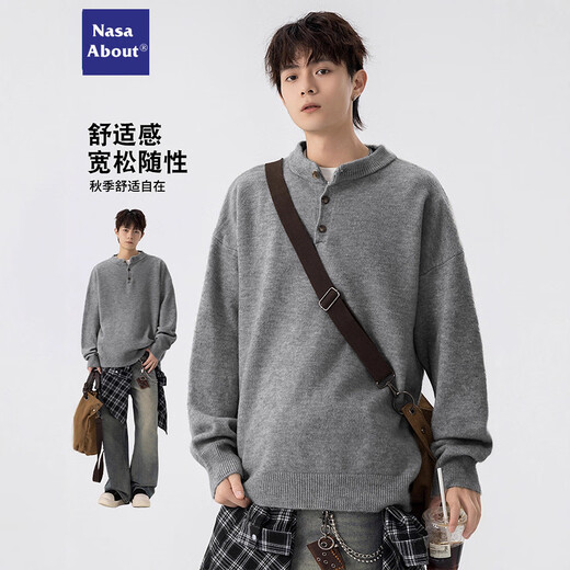 Reaching for the Stars Boys Men's Casual Henry Collar Bottoming Shirt Retro Sweatshirt Men's New Thickened Warmth Autumn and Winter Premium Sense JCDM-MY109 Light Gray XL