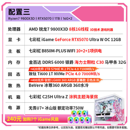 AMD Ryzen R7 9800X3D/5070/5070Ti/5080/5090D Official Subsidy Computer Host E-Sports Complete Game Desktop Delta Mobile Assembly Computer Configuration Three 9800x3d RTX5070 Pure White Sea View Room