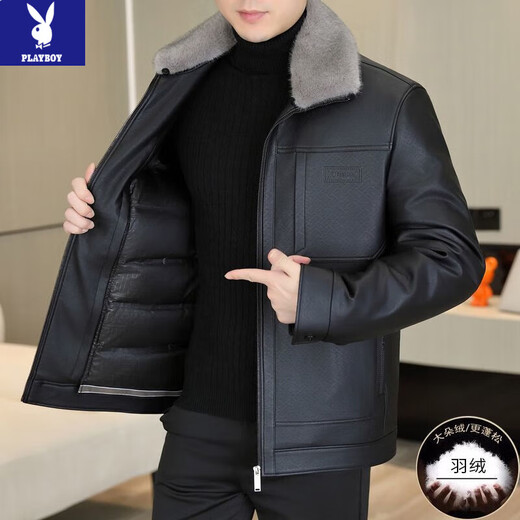 PLAYBOY 2026 New Men's Soft Leather Clothes Autumn and Winter Down Jackets Thickened Leather Jackets Men's Liner Removable Winter Leather Jacket Black Removable Liner 90 Velvet M 170/92A