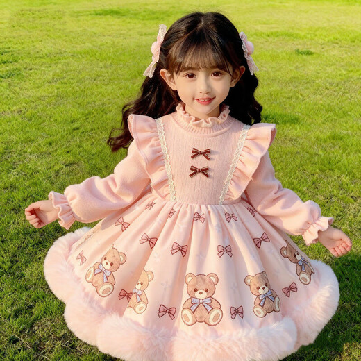 Kafanli (KafanIi) girls 2025 autumn and winter new velvet cute dress baby Lolita sweet fluffy birthday princess dress A05 pink bear velvet thickened sweet and cute 110