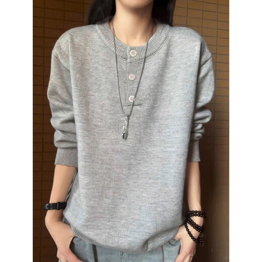 XUANSENTU American Henley Collar Heavy Gray Sweater Men's Lazy Shoulder Bottoming Sweater Couple Sweater Trendy Light Gray Upgraded Model 95% Users Choose M