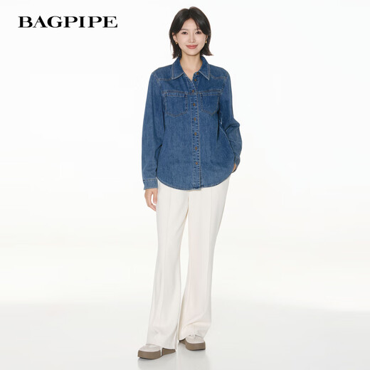 Bagpipe Bagpipe 2025 Autumn New Dark Blue Retro Denim Shirt Women's Layered Small Shoulder Soft Top Denim Lan M 160