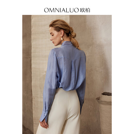 OMNIALUO Oberano high-end stand-up collar linen shirt women's long-sleeved 2025 autumn new commuter OL temperament mulberry silk top B09 blue S