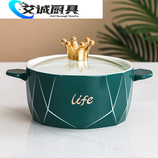 Mengwan Nordic light luxury ceramic instant noodle bowl double-eared soup bowl with lid household bowl large soup basin single student dormitory tableware Crown noodle bowl black