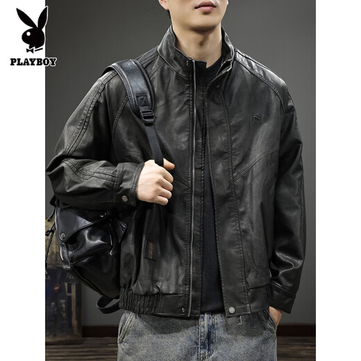 Playboy autumn and winter 2025 new handsome PU leather jacket men's autumn stand-up collar loose American top pilot leather jacket black gray L suitable weight 130-145Jin Jin equals 0.5 kg