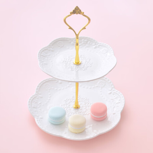 EEEZA Afternoon Tea Tableware European Three-Layer Dessert Plate Cake Plate Afternoon Tea Dessert Plate Living Room Household Candy Tray Rack Large, Medium and Small 3-tier_Embossed Disk Jinyaguan Free 5 Forks