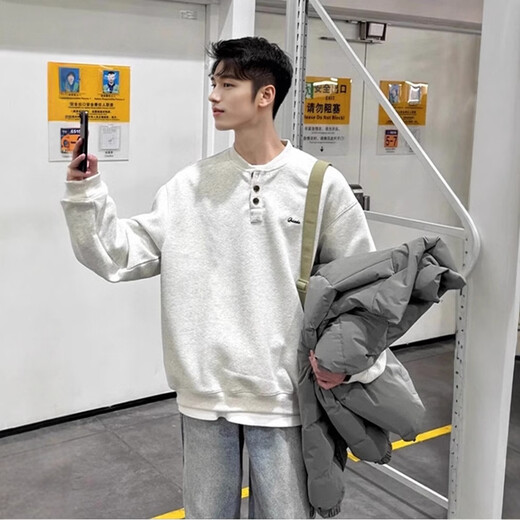 Henry collar sweatshirt men's spring and autumn hoodless American cleanfit bottoming shirt loose trendy brand long-sleeved T-shirt with spring white gray M