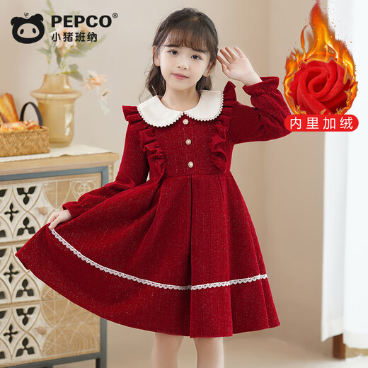 Piggy Banner (PEPCO) girls winter red dress stylish plus velvet children's clothing winter skirt little girl princess dress red 150