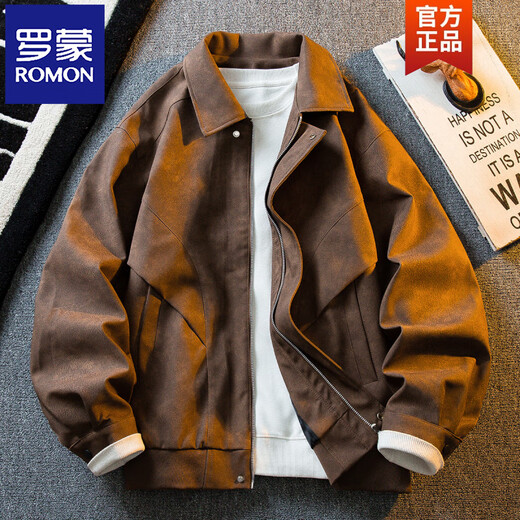 ROMON American retro distressed suede leather jacket men's spring and autumn trend versatile lapel handsome motorcycle jacket brown M (100-120Jin Jin equals 0.5 kg)