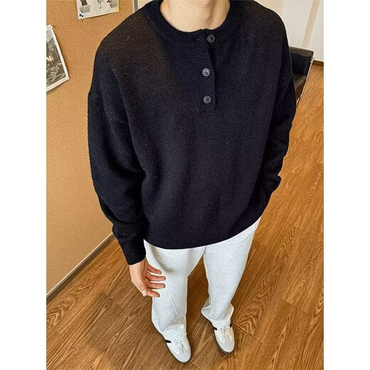 Autumn and winter American Henry collar sweater men's sweater American retro casual lazy style sweater men's solid color sweater light gray M