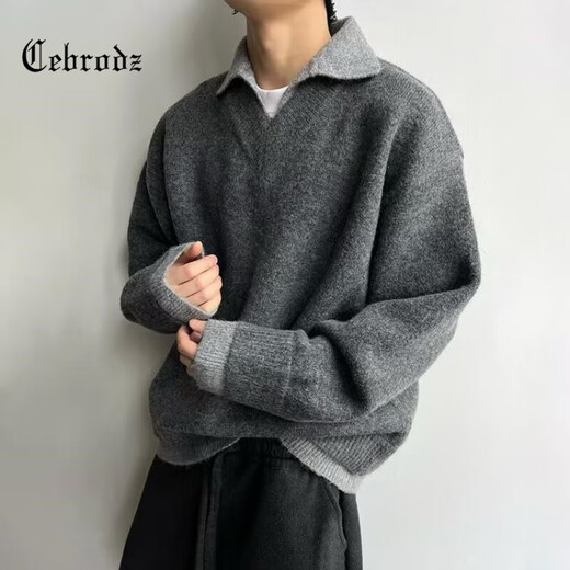 Cebrodz French sweater men's autumn and winter two-piece lapel American retro loose Henry collar sweater long-sleeved top gray L