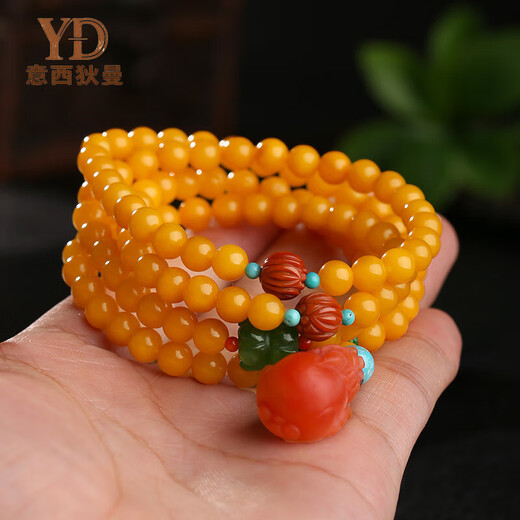 Italian beeswax bracelet for men and women, high-end multi-ring chicken fat yellow amber jade bracelet, Pixiu pendant necklace, cultural toy jewelry, 6mm, 108 pieces (one item, one certificate)