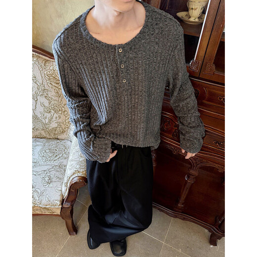 XUANSENTU old money style Henry collar sweater for men and women, autumn shoulder gray long-sleeved T-shirt, loose bottoming sweater, beige, upgraded version M