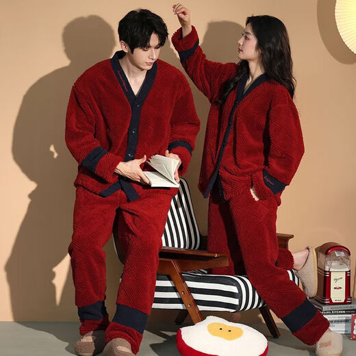 Victoria style couple pajamas winter coral velvet warm and thickened casual sweet flannel home clothes men and women outer wear suit XH9040 M women