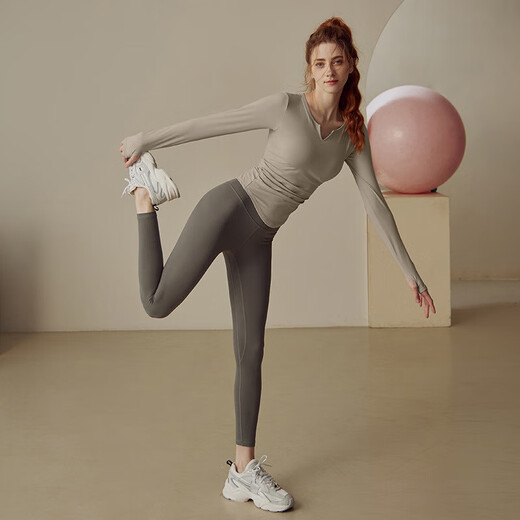 Xue Qianman yoga wear spring and autumn sports long-sleeved T-shirt professional Pilates training fitness running V-neck top purple M