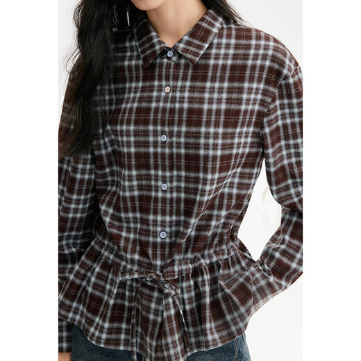 Birds and New Wine Design Drawstring Plaid Long Sleeve Shirt Women's 2025 Winter New Lapel Loose Top Plaid Tan HMJ04 L