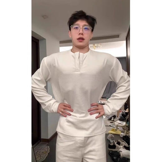 He Jian Gong Bengo long-sleeved T-shirt gray Henry collar long-sleeved T-shirt men's spring American waffle sweatshirt loose couple black L 2L 145165Jin Jin is equal to 0.5 kg