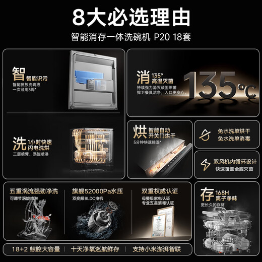 Mijia Xiaomi built-in dishwasher Ai smart washing high-end 18 sets P20 all-in-one washing, disinfecting and storing machine 135 hot air drying intelligent dirt recognition QMDW1803M