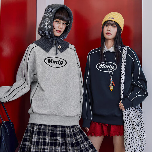 Mmlg velvet round neck sweatshirt for women and men 2025 new autumn and winter fashion line stitching embroidered logo couple tops dark blue S