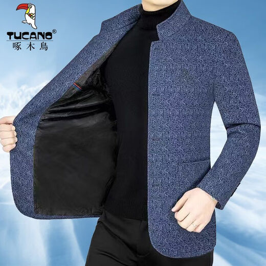 Woodpecker men's woolen stand collar coat middle-aged wool jacket men's spring, autumn and winter high-end casual new jacket dark blue XL 180