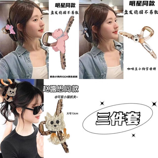 Zhao Lusi's same cute puppy large size claw clip for women, high-end 2025 new cartoon shark clip hair clip, cat double-sided see-through brown hair clip, about 11cm