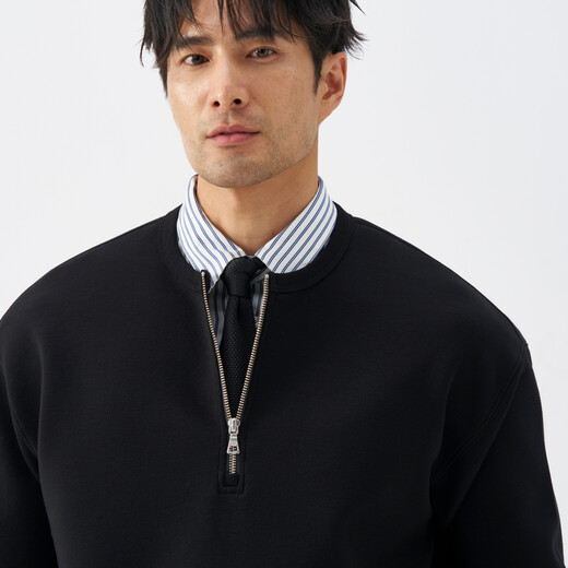 LEZORA lightweight air wool ultra-light half-zip Henry collar sweatshirt for men black L