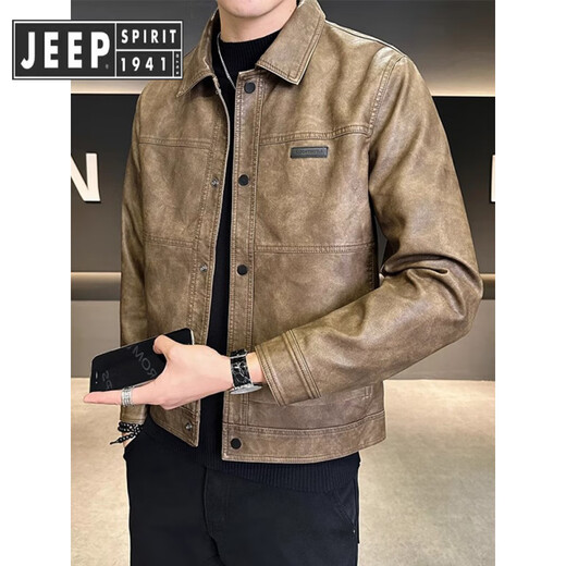 JEEP SPIRIT Jeep American fashion brand leather jacket men's autumn and winter 2025 new velvet thickened retro trendy motorcycle leather coffee color regular XL 125-145Jin Jin equals 0.5 kg