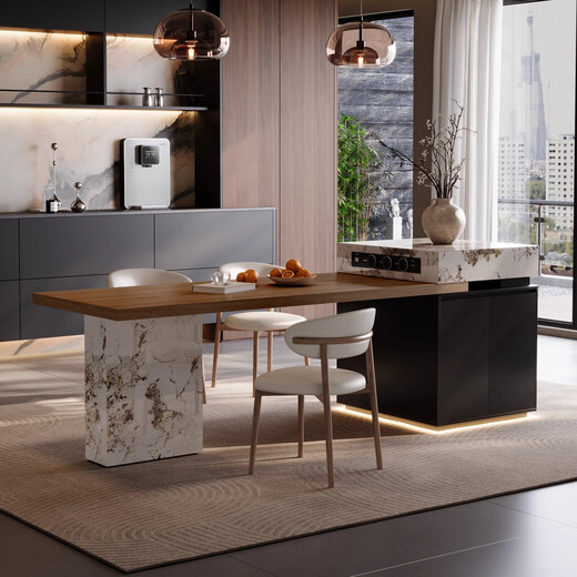 Aurunsen Italian minimalist high-end island dining table integrated retractable slate dining table large kitchen guide table Pandora + wood grain color Bull track socket + tea + 4 chairs 160cm total telescopic length 200-240