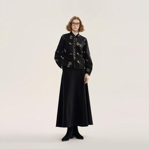 EIN Yan retro style three-dimensional cut-out contrast material splicing lapel literary casual long-sleeved shirt 2025 autumn and winter new style graphite black S