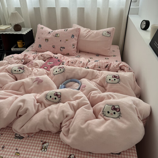 Mercury series girly heart pink Kt cat towel embroidered thickened milk velvet four-piece set autumn and winter warm coral velvet 1.5m three-piece set Sweet Kitten - light pink cute towel embroidered milk velvet 0.9m bed sheet style three-piece set/quilt cover 150*200cm