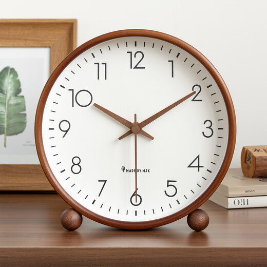 MJK mid-century style solid wood clock for home living room 2025 new tabletop silent clock display desktop clock ornaments walnut color 8 inches diameter 22cm